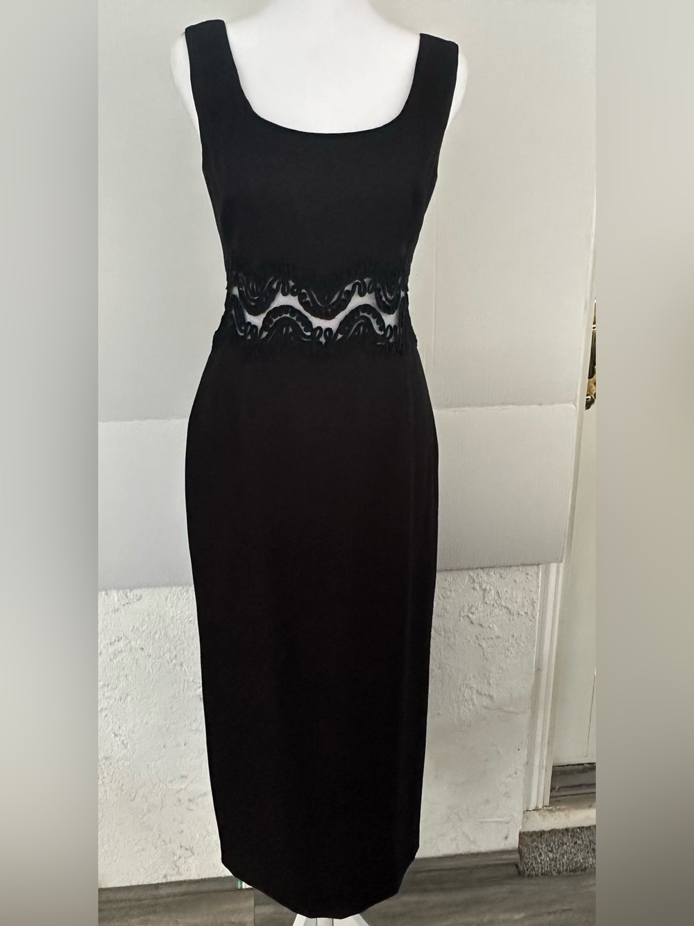 Maggy London Black Maxi Sheath Dress with Lace Waist